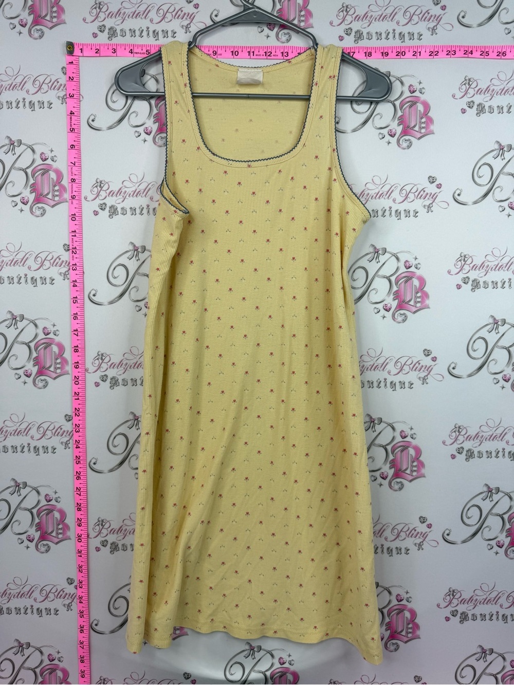 Dress vintage old school Yellow Tank Dress with Tiny Pink Floral Print